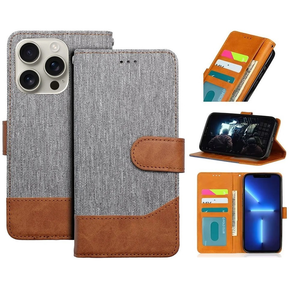 Samsung Galaxy A55 5G SM-A556B, Oldalra nyíló tok, stand, kártyatartóval, farmer minta, Jeans Book, szürke (5903396333460)