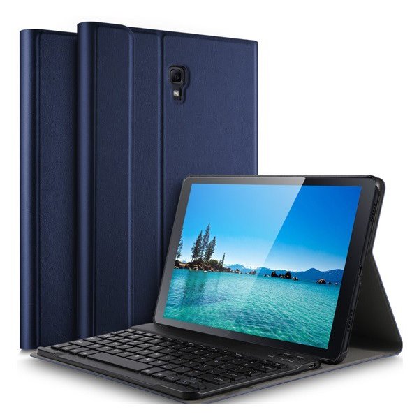 Tok álló, bőr hatású (FLIP, bluetooth billentyűzet, asztali tartó, QWERTY, angol nyelvű) SÖTÉTKÉK [Samsung Galaxy Tab A 10.5 LTE (2018) SM-T595] (5996457797257)
