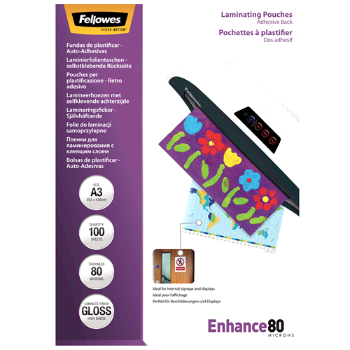 Fellowes 80 mikron A3 fényes lamináló fólia öntapadó hátlappal (100 db / csomag)