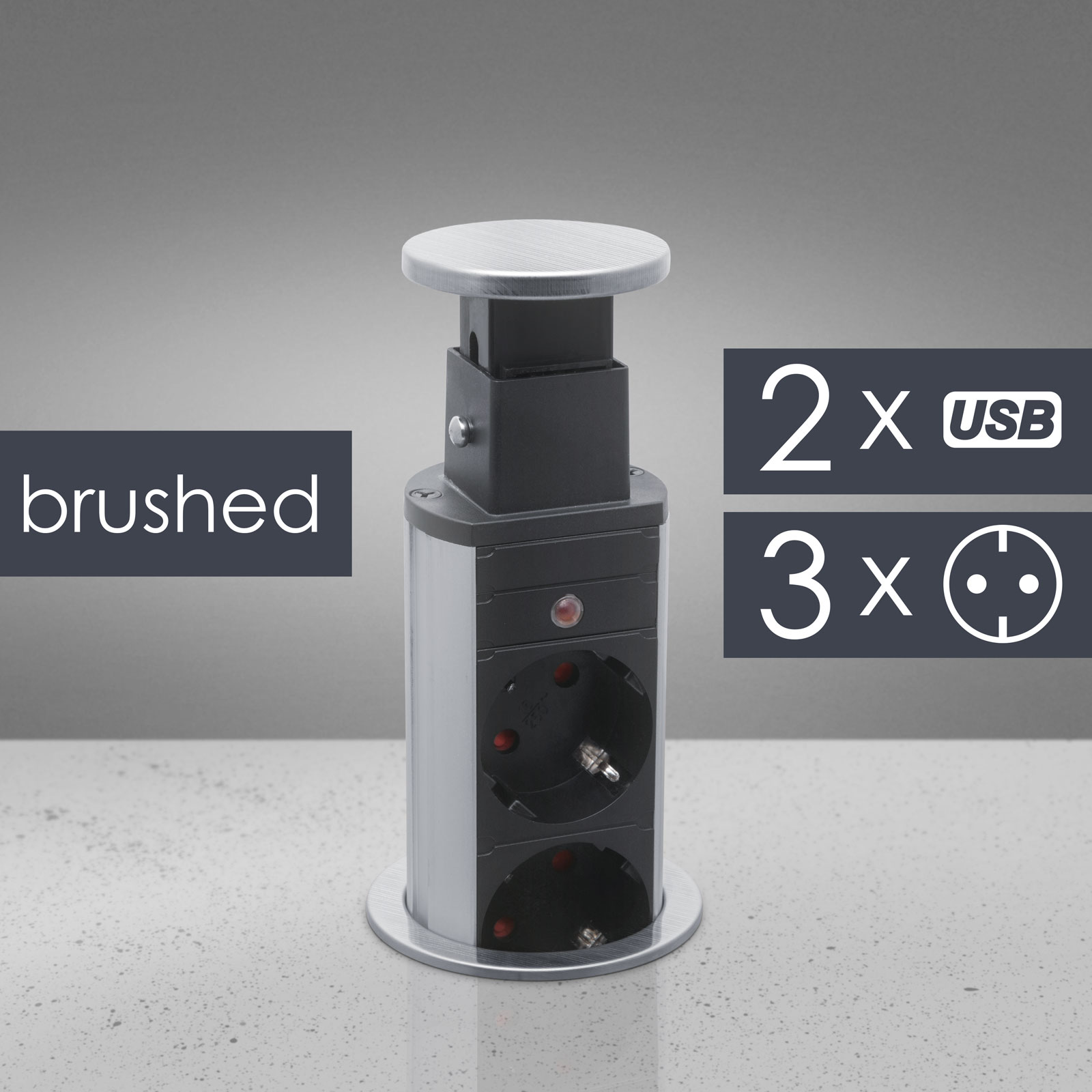 DELIGHT 20430BU Rejtett Elosztó 3 aljzat 2x USB 1.5m szürke-fekete