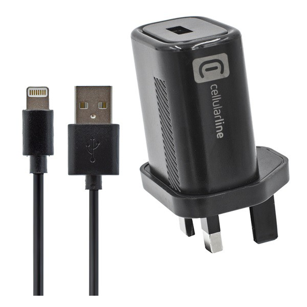 CELLULARLINE hálózati adapter USB aljzat (12W, UK, földelt, utazótöltő + lightning 8pin kábel) FEKETE (ACHKITMFI12WUKK) (ACHKITMFI12WUKK)