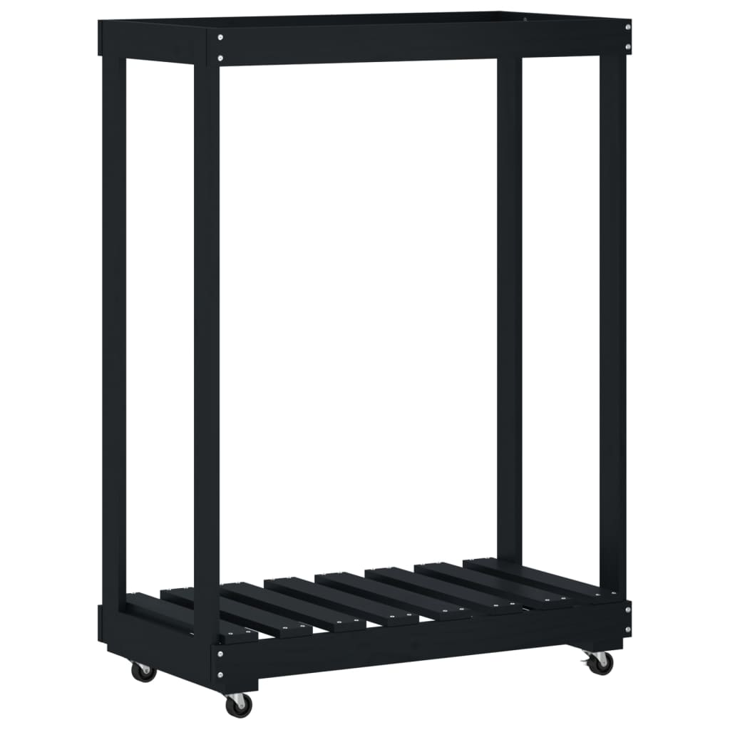 fekete tömör fenyőfa rönktároló kerekekkel 76,5 x 40 x 108 cm (833334)