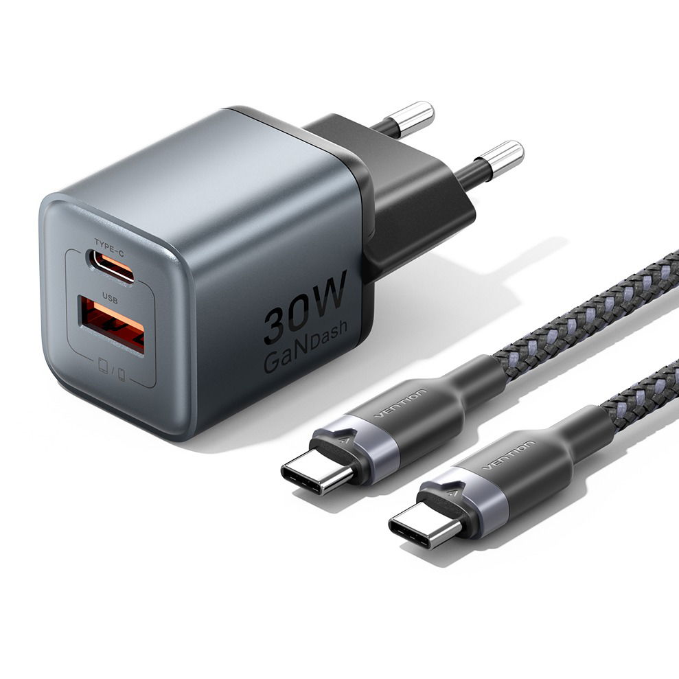 Vention 2-Port USB (C + A) GaN Charger (30W/18W) Gray with USB-C to USB-C Cable (1M) Black EU-Plug (TZ-FEWH0-EU)