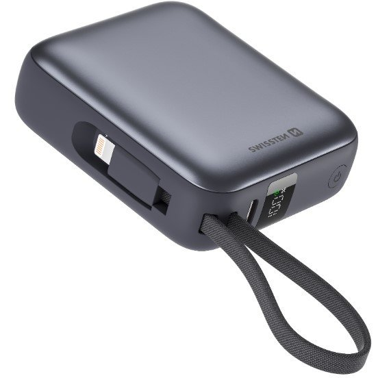 Swissten 22013939 Powerbank integrált kábellel USB-C + Type-C / 10000mAh 22,5W - Ezüst (8595217490581)
