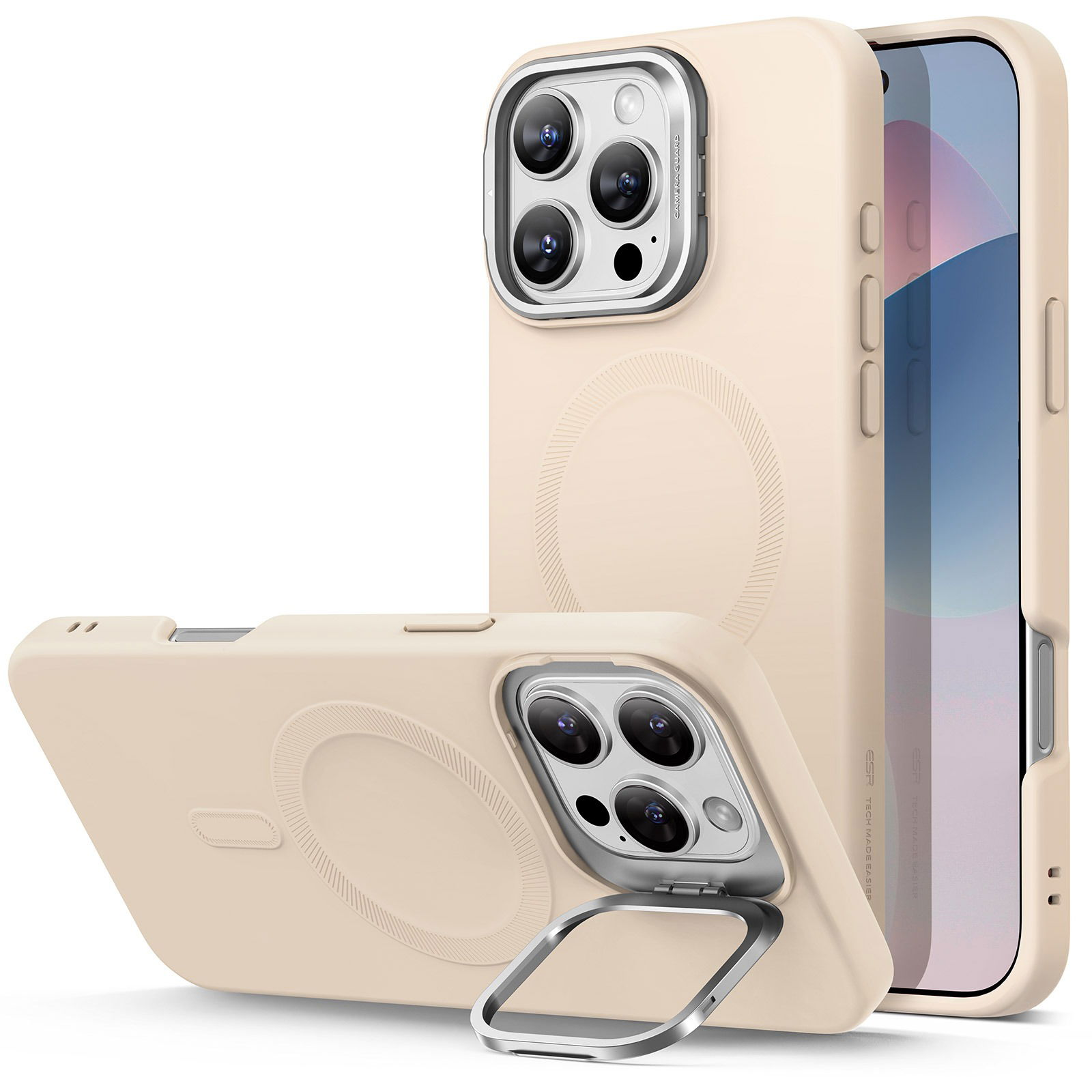 ESR Cloud Soft Case with Stash Stand (HaloLock), Compatible with iPhone 16 Pro Max, Light Tan tok (1A7870101)