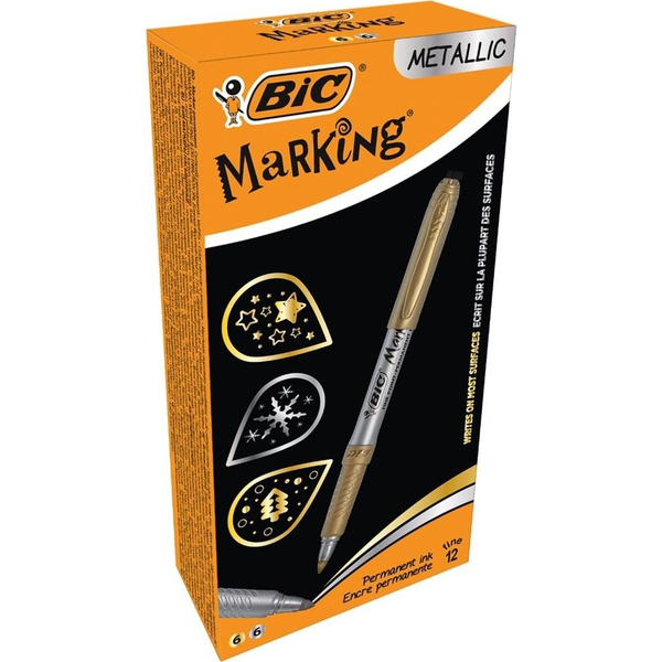 Caja De Marcadores Permanentes Bic Marking 950466/ 12 Unidades/ Oro Y Plata Metálico