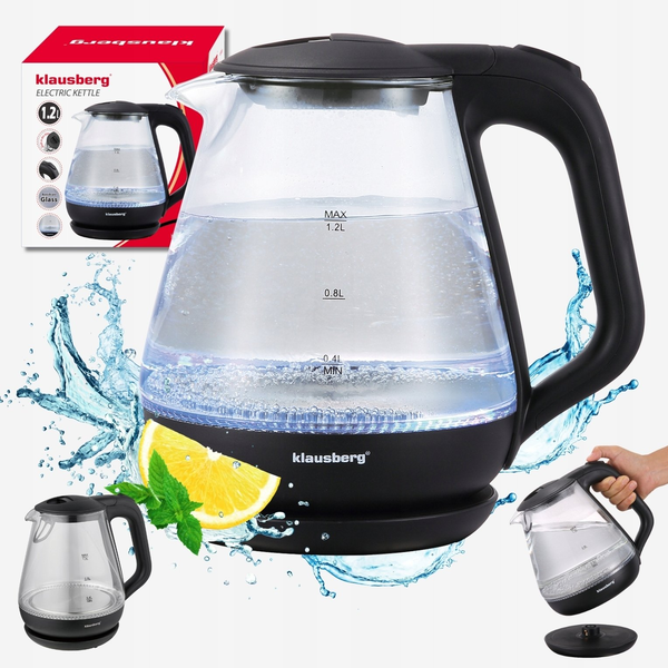 Fierbător electric Klausberg KB-9003, sticlă, 1,2 L, cu afișaj LED