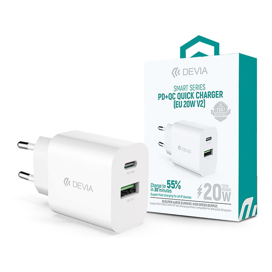 Devia hálózati töltő adapter Type-C + USB bemenettel - 20W - Devia Smart Series PD3.0 + QC3.0 Quick Charger V2 - fehér (ST385247)