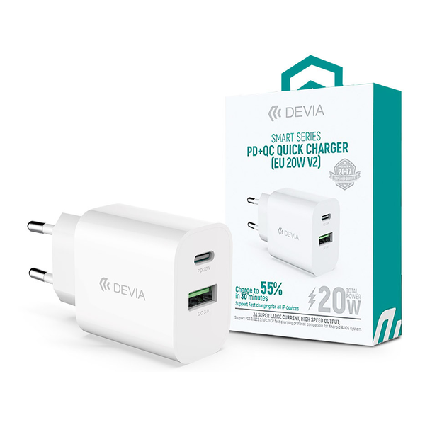 Devia hálózati töltő adapter Type-C + USB bemenettel - 20W - Devia Smart Series PD3.0 + QC3.0 Quick Charger V2 - fehér