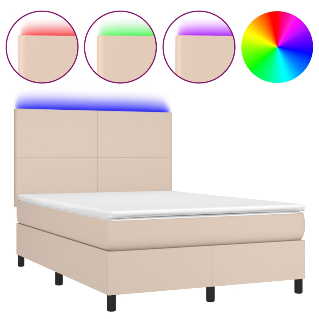 cappuccino színű műbőr rugós ágy matraccal és LED-del 140x190cm (3135824)