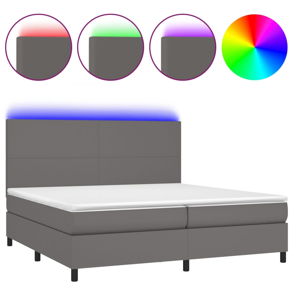 szürke műbőr rugós ágy matraccal és LED-del 200x200 cm (3135847)