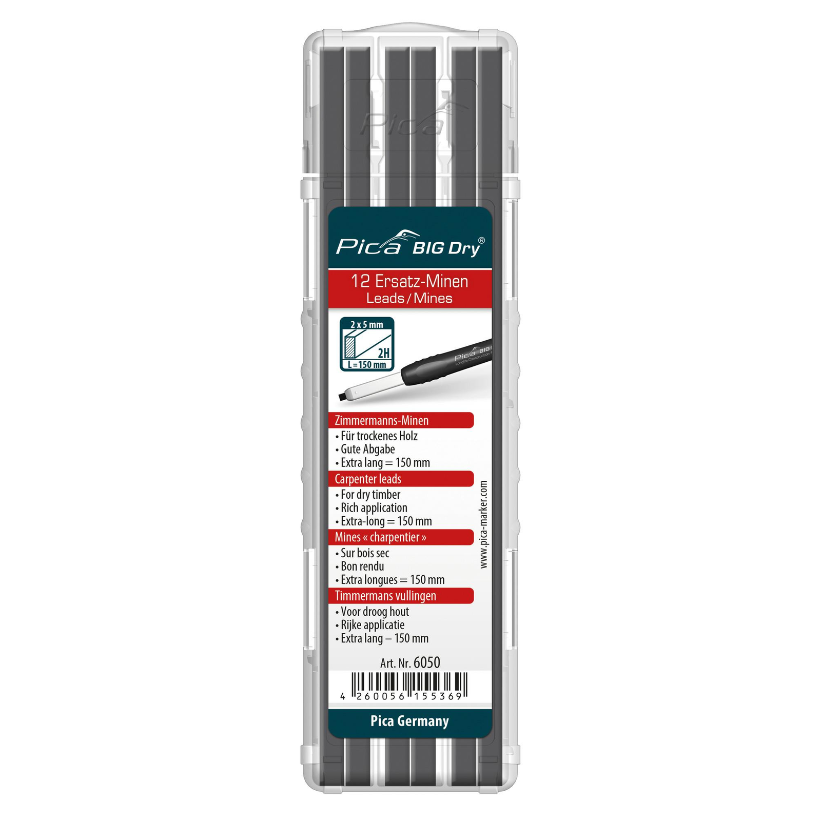 Pica 6050 Big Dry 2H Asztalos ceruza utántöltő szett 5mm - Grafit (6050)