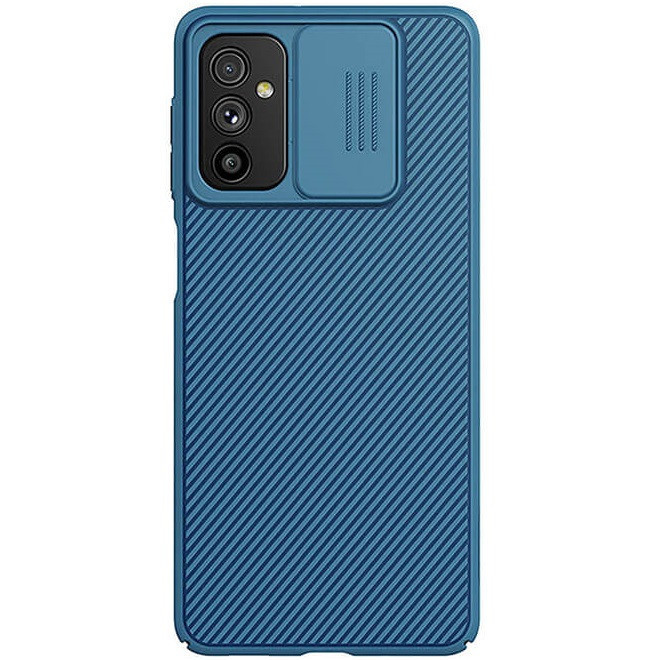 Samsung Galaxy M52 5G SM-M526B, Műanyag hátlap védőtok, közepesen ütésálló, kamera védelem, csíkos minta, Nillkin CamShield, sötétkék (119116)