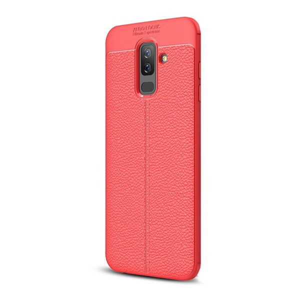 Szilikon telefonvédő (közepesen ütésálló, bőr hatású, varrás minta) PIROS [Samsung Galaxy A6+ (2018) SM-A605F] (5996457769001)