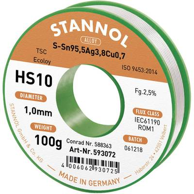 Ezüsttartalmú forrasztóón, forrasztóhuzal 1mm/100g Stannol HS10 2510 Sn95Ag4Cu1 (631902)