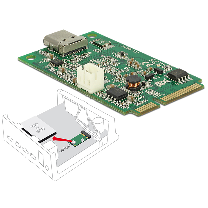 Delock Mini PCIe I/O PCIe teljes méret 1 x USB Type-C 3.1-es, 2. generációs csatlakozóhüvely (95259) (95259)