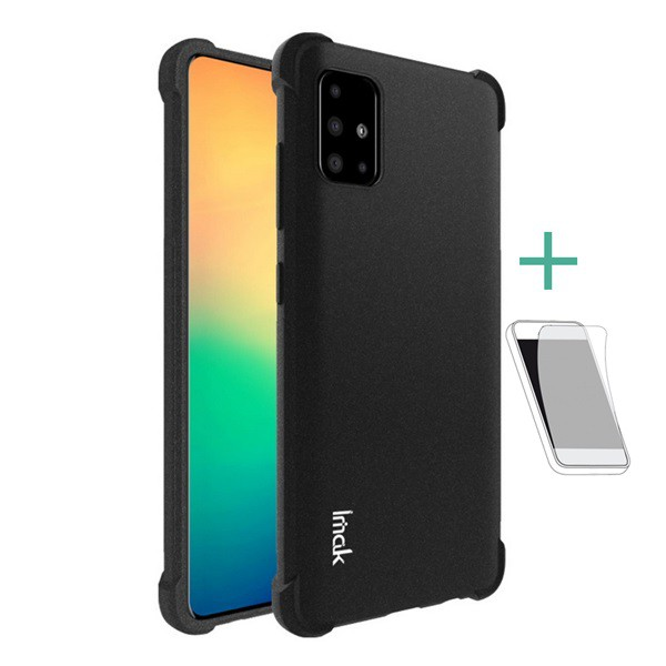 IMAK szilikon telefonvédő (közepesen ütésálló, légpárnás sarok, matt + képernyővédő fólia) FEKETE [Samsung Galaxy A51 (SM-A515F)]