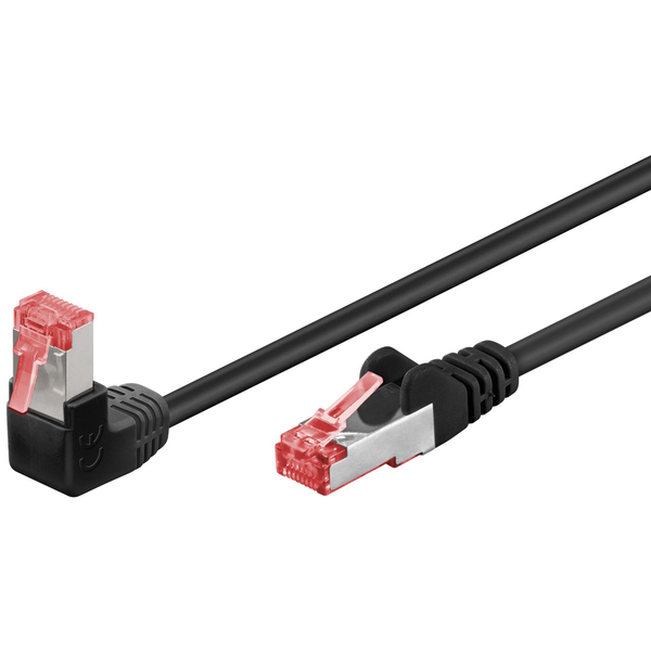 Patchkabel Cat.6 S/FTP (PiMF), 1x 90° gewinkelt (schwarz, 1 Meter, doppelt geschirmt)
