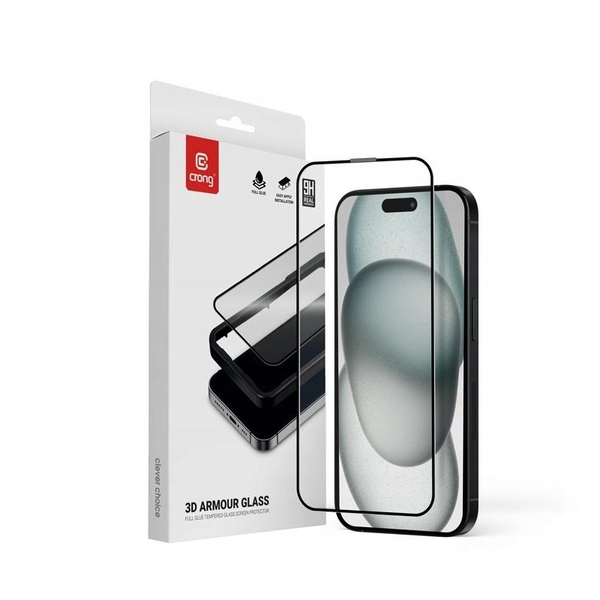 Crong 3D Armour Glass - Szkło hartowane 9H Full Glue do iPhone 16 / iPhone 15 + ramka instalacyjna