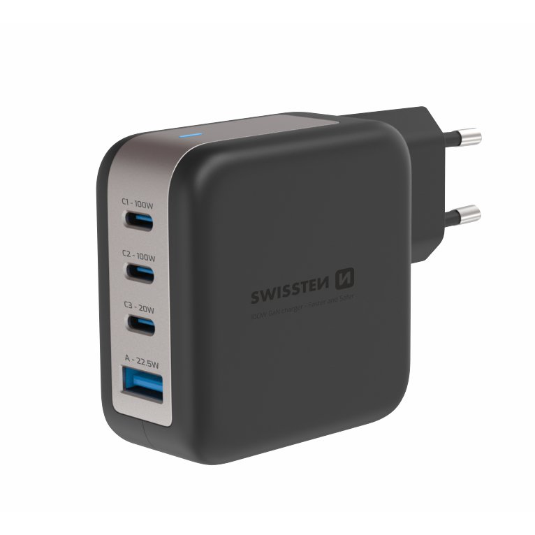 Swissten GaN 3x USB-C 100 W PD + 1x USB-A 18 W QC fekete töltőfej (22071600)