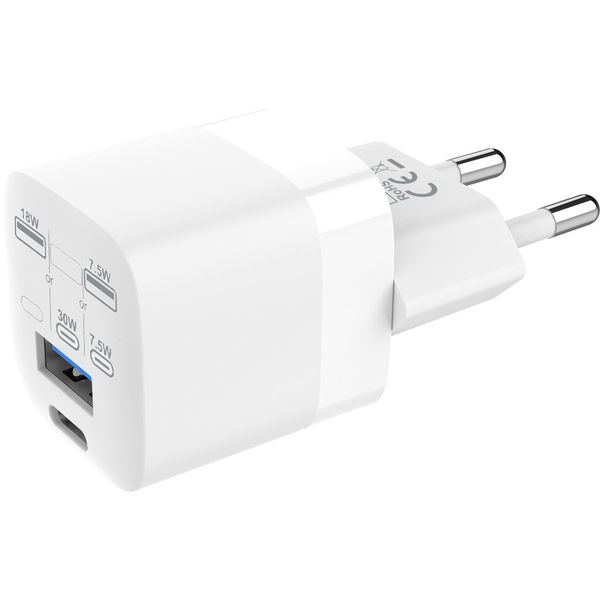 Aus MFI-zertifizierter Fabrik - 30 W - 5V 3A oder 9V 3A oder 12V 2,5A oder 15V 2A oder 20V 1,5A - USB-C-Buchse - USB-A-Buchse - EU CEE 7/7 Schuko-Stecker - Galliumnitrid (GaN) Transistoren machen es sehr kompakt - schnelles Laden mit iPhone, Pro und