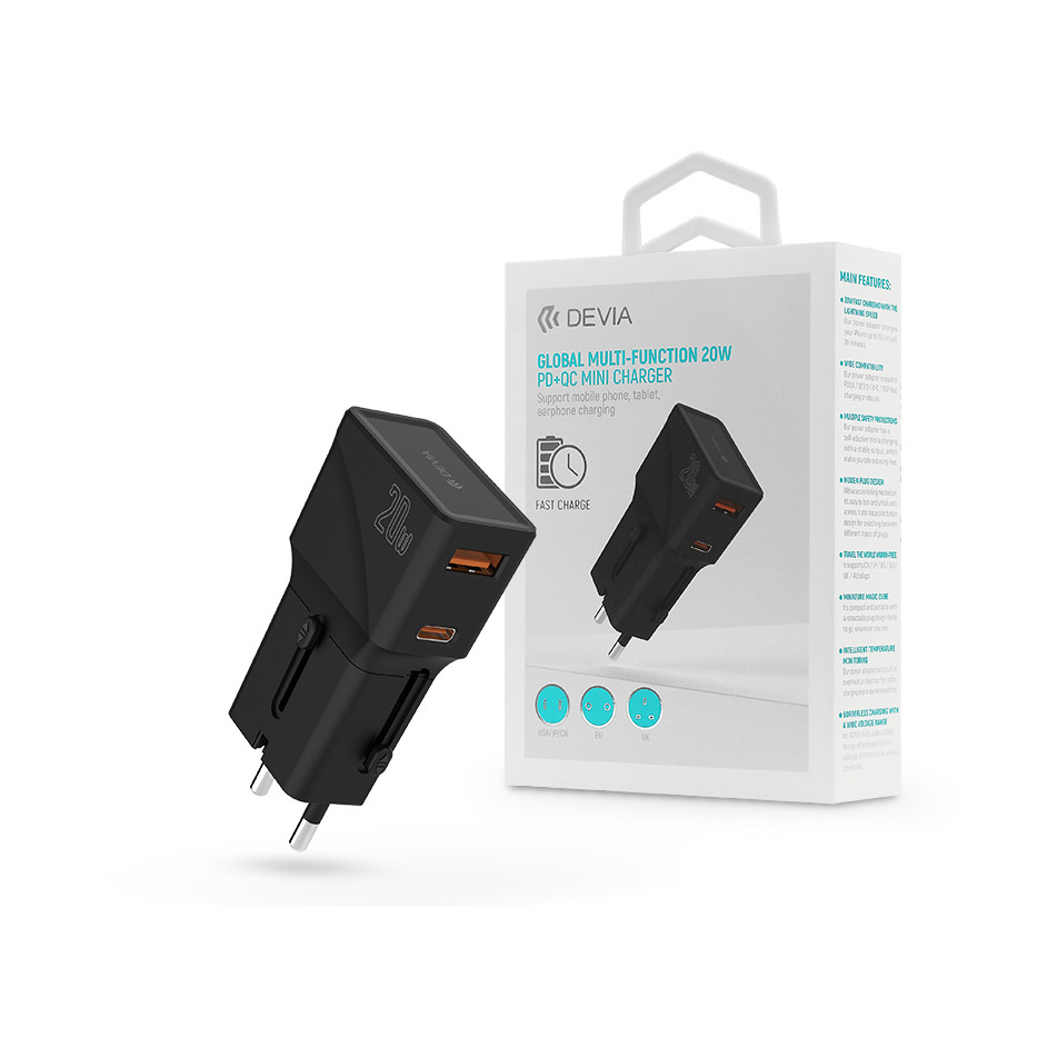 Devia többfunkciós globális hálózati töltő utazó adapter (CN/JP/US/EU/UK/AU) - Devia Global Multi-Function 20W PD + QC Mini Charger - fekete (ST102040)