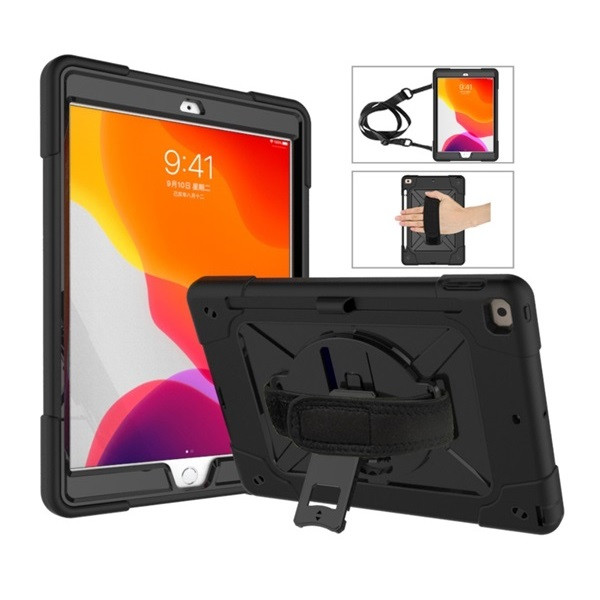 Apple iPad 10.2 (2019 / 2020 / 2021), Műanyag hátlap védőtok, szilikon belső, kitámasztóval, kézpánt, vállpánt, Defender, fekete (6216990208683)