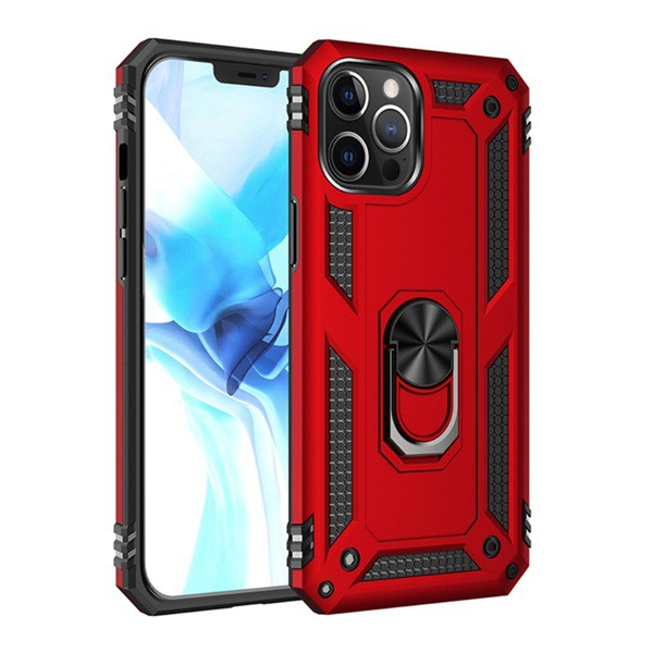 Defender műanyag telefonvédő (közepesen ütésálló, szilikon belső, telefontartó gyűrű, beépített fémlemez) PIROS [Apple iPhone 12 Pro Max] (5996591011271)