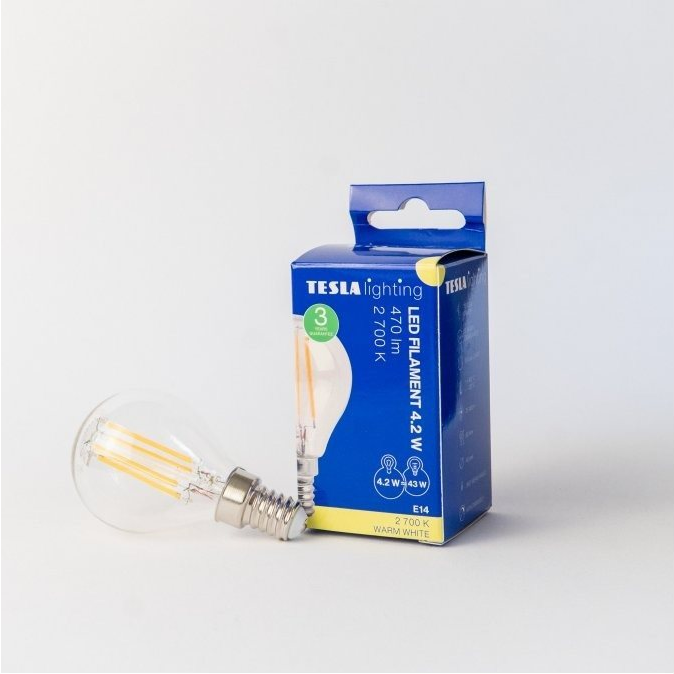 Tesla FILAMENT RETRO miniglobe, E14, 4,2 W, 230 V, 470 lm, 25 000 h, 2700K meleg fehér, 360° (MG144227-1)