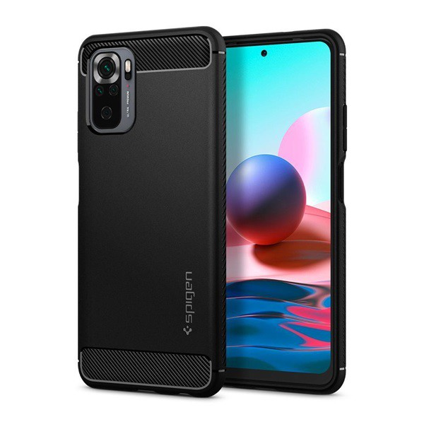 Силиконов протектор за телефон Xiaomi Redmi Note 10 / 10S Spigen Rugged Armor (среден удароустойчив, ъгъл с въздушна възглавница, карбонов модел) черен