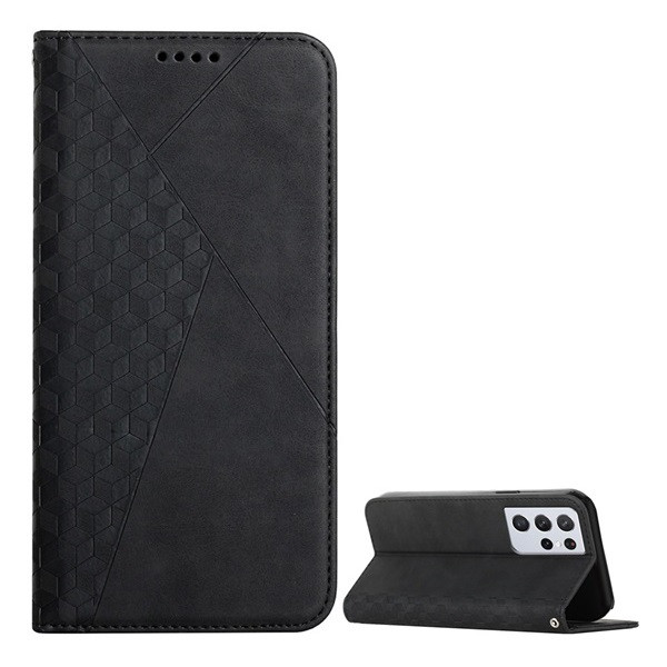 Samsung Galaxy S21 Ultra 5G SM-G998, Oldalra nyíló tok, bőrhatású, stand, 3D rombusz minta, fekete (RS110308)