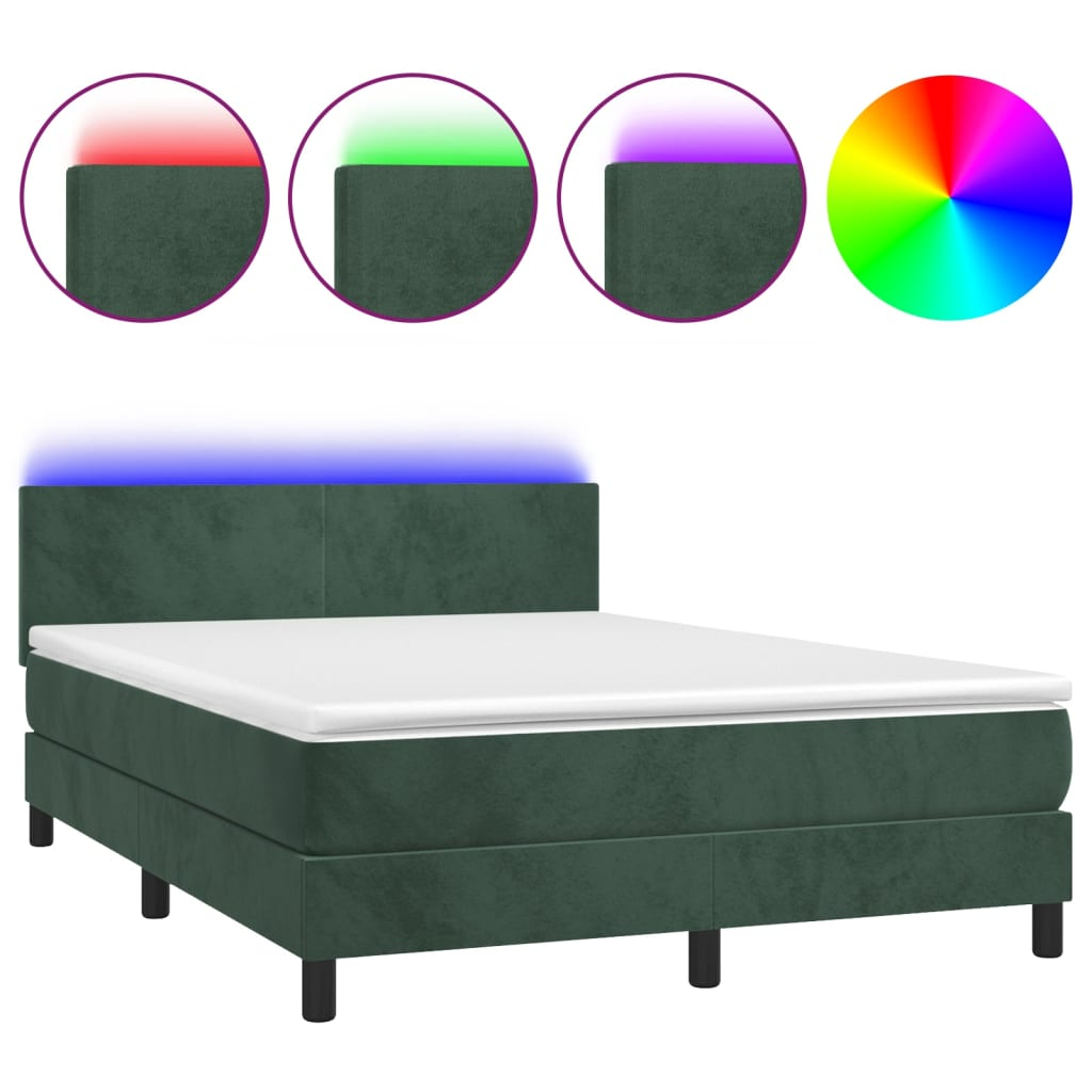 sötétzöld bársony rugós és LED-es ágy matraccal 140x190 cm (3134282)