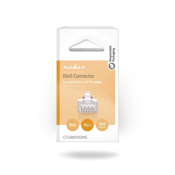 Nedis CCGB89302ME tömör kábelre, UTP RJ45 CAT5 csatlakozó dugó, szerelhető, aranyozott, 10db/csomag (CCGB89302ME)