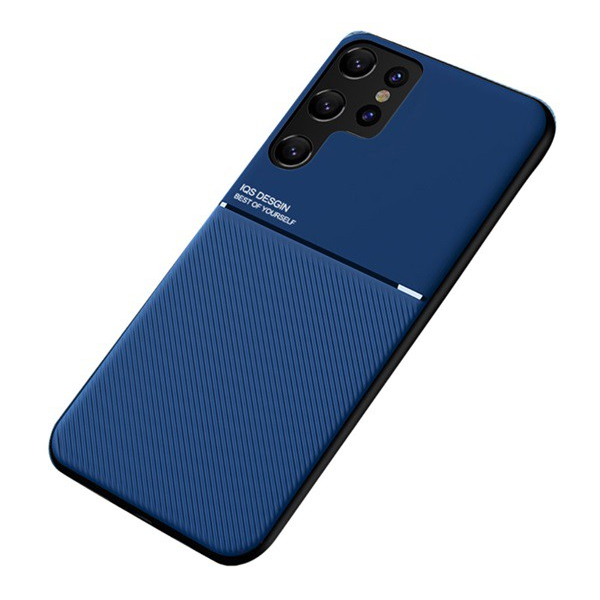 Műanyag telefonvédő (szilikon keret, közepesen ütésálló, beépített fémlemez, bőr hatású hátlap, csíkos minta) SÖTÉTKÉK [Samsung Galaxy S22 Ultra 5G (SM-S908)] (5996591119618)