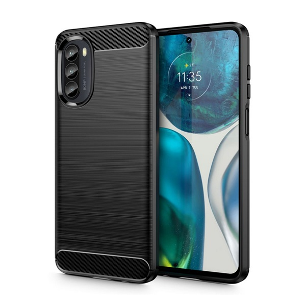 Szilikon telefonvédő (ütésállóság, légpárnás sarok, szálcsiszolt, karbon minta) FEKETE Motorola Moto G82 (XT2225) / Moto G52 (XT2221) "Gigapack csomagolás" (GP-132582)