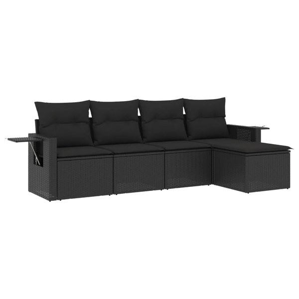 5 részes fekete polyrattan kerti kanapészett párnákkal