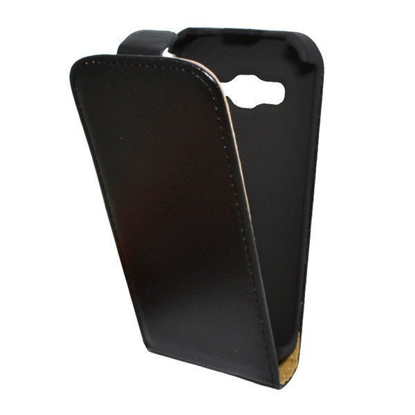 Tok álló, bőr hatású (FLIP, lefelé nyíló, szilikon tartó) FEKETE [Samsung Galaxy Core LTE (SM-G386F)] (5996457468140)