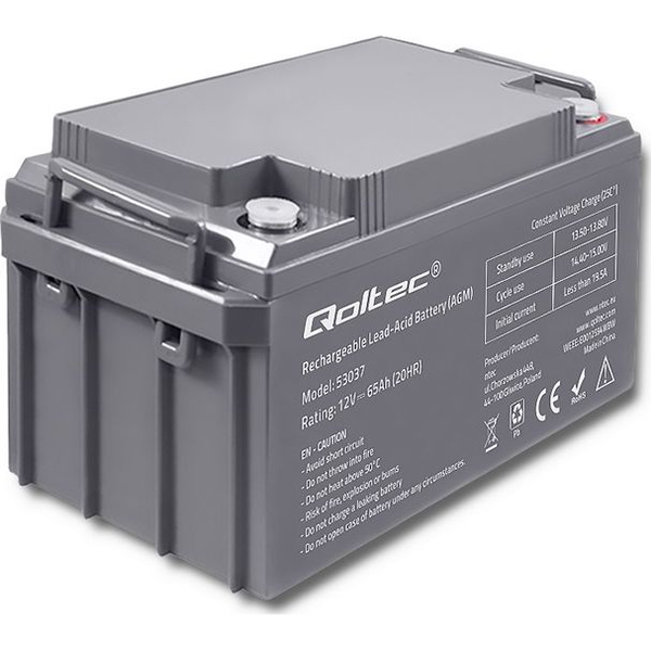 Qoltec 53037 Batería Agm | 12v | 65ah | Máximo 780a