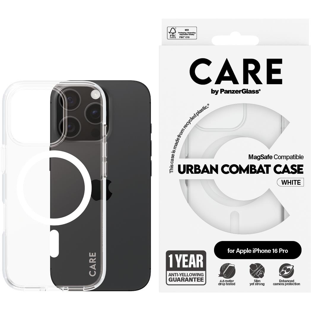 PanzerGlass CARE Apple iPhone 16 Pro MagSafe Combat átlátszó/fehér nem sárguló tok (1338)