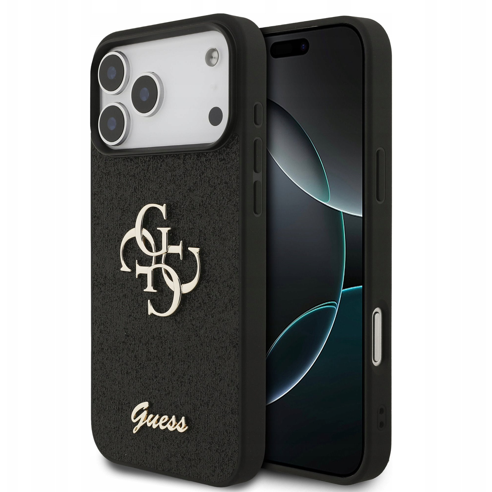 GUESS PU Fixed Glitter 4G Metal Logo tok Apple iPhone 17 Pro fekete (GUHCP17LHG4SGK)