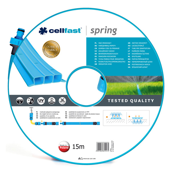 Маркуч за напояване Cellfast Spring, 1/2", 15 м дължина, Три тръби, Дюзи за напояване