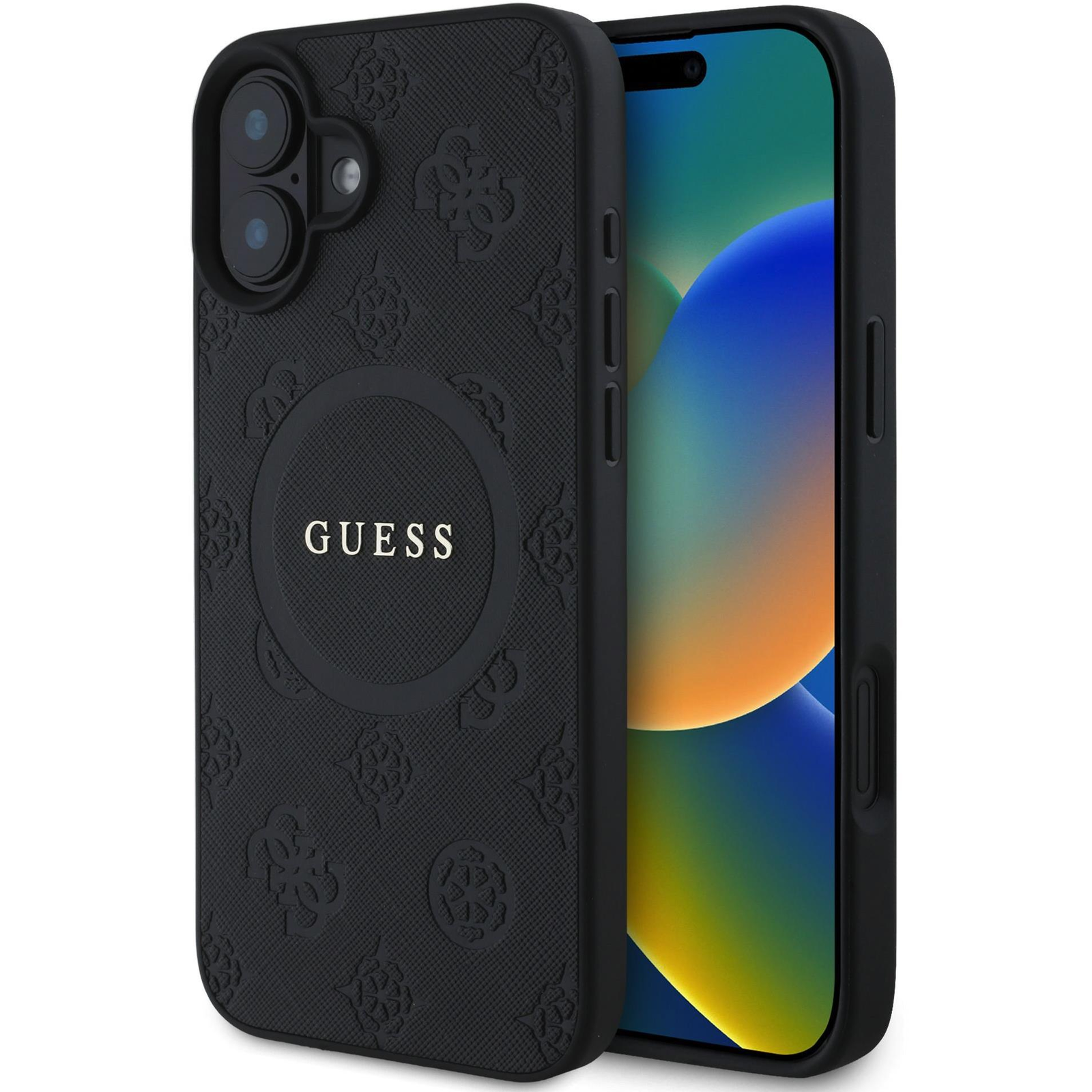 Guess Saffiano Peony Stamp iPhone 16 MagSafe fekete tok (GUHMP16SPSAPSMEK)