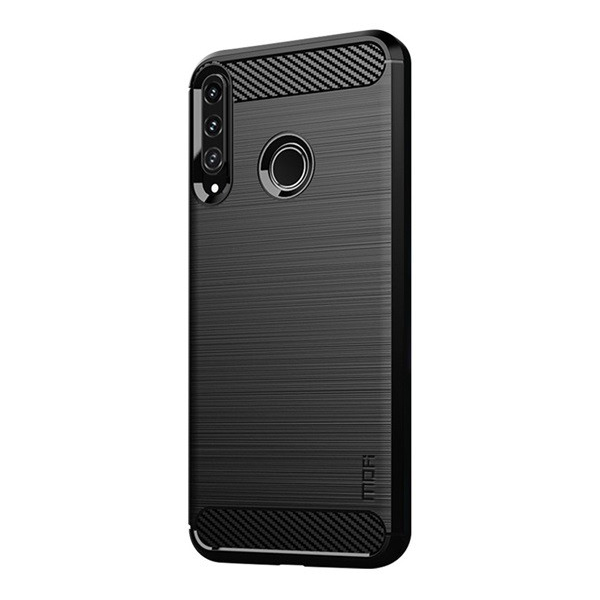 Szilikon telefonvédő (közepesen ütésálló, légpárnás sarok, szálcsiszolt, karbon minta) FEKETE [Huawei P40 Lite E / Y7p] (5996457951826)