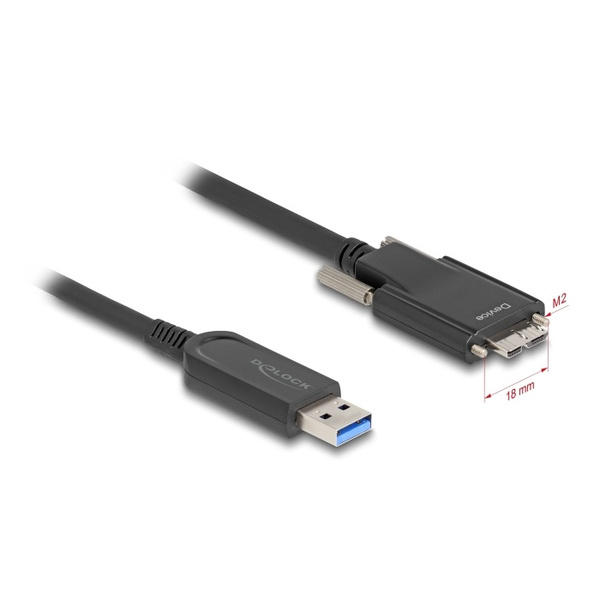 Delock Aktív optikai kábel USB 10 Gbps-A apa > USB 10 Gbps Micro-B Típusú dugó csavarokkal ellátott 5 m