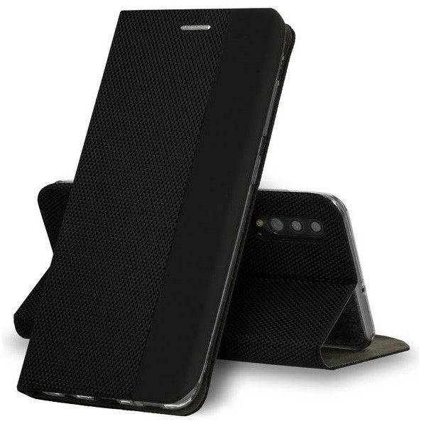 Huawei P40, Oldalra nyíló tok, stand, textil minta, BookCover, fekete (93657)