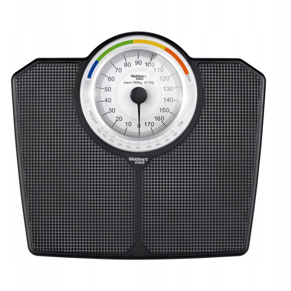 Személymérleg, Webber 05DT605T, fekete, teherbírás: 180 kg, mechanikus, analóg, BMI funkció, elem nélkül, klasszikus kivitel
