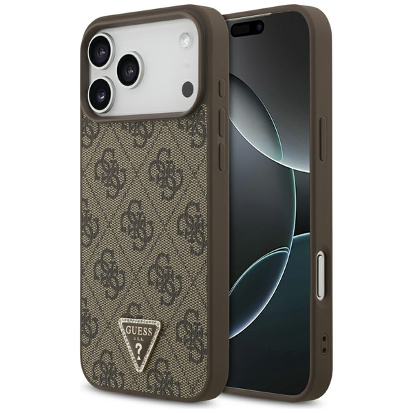 Guess LEATHER 4G TRIANGLE STRASS MAGSAFE szilikon telefonvédő (bőr hatású hátlap, MagSafe) SÖTÉTBARNA Apple iPhone 17 Pro Max (GUHMP17XP4TDPLW)