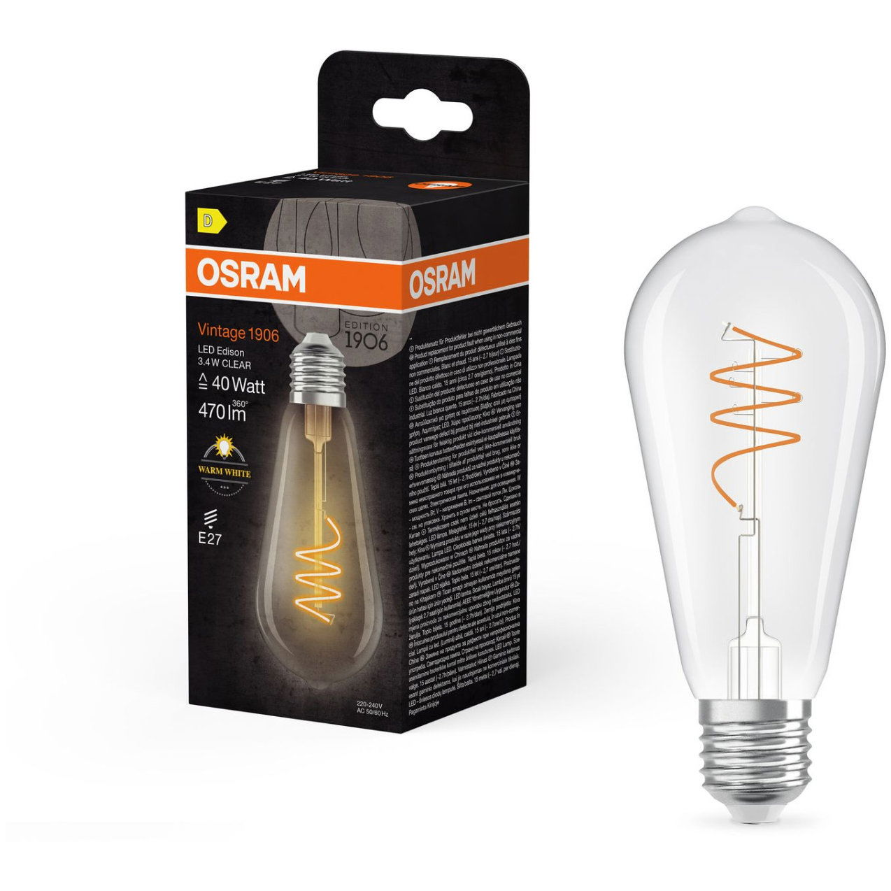 OSRAM LED izzó, átlátszó, E27, 3,4 W, VINTAGE EDISON, meleg fehér (4058075837027)