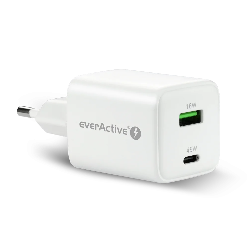 EverActive SC-450Q USB-A / USB-C Hálózati Gyorstöltő Adapter 45W - Fehér (SC-450Q)