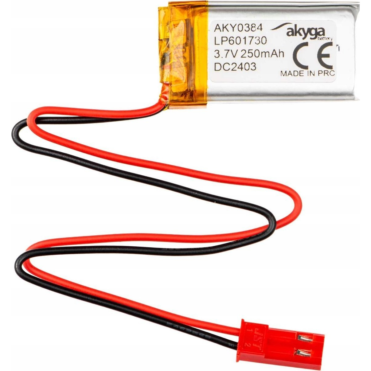 Lithium Polymer Battery Akyga AKY0384 LP601730 Li-Po 3.7V/250mAh PCM JST 2.54 2-Pin Connector 150mm (AKY0384)